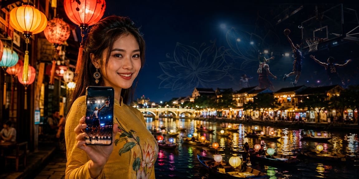 Người chơi tại chợ đêm Hội An đặt cược bóng rổ trên điện thoại trong không khí lễ hội