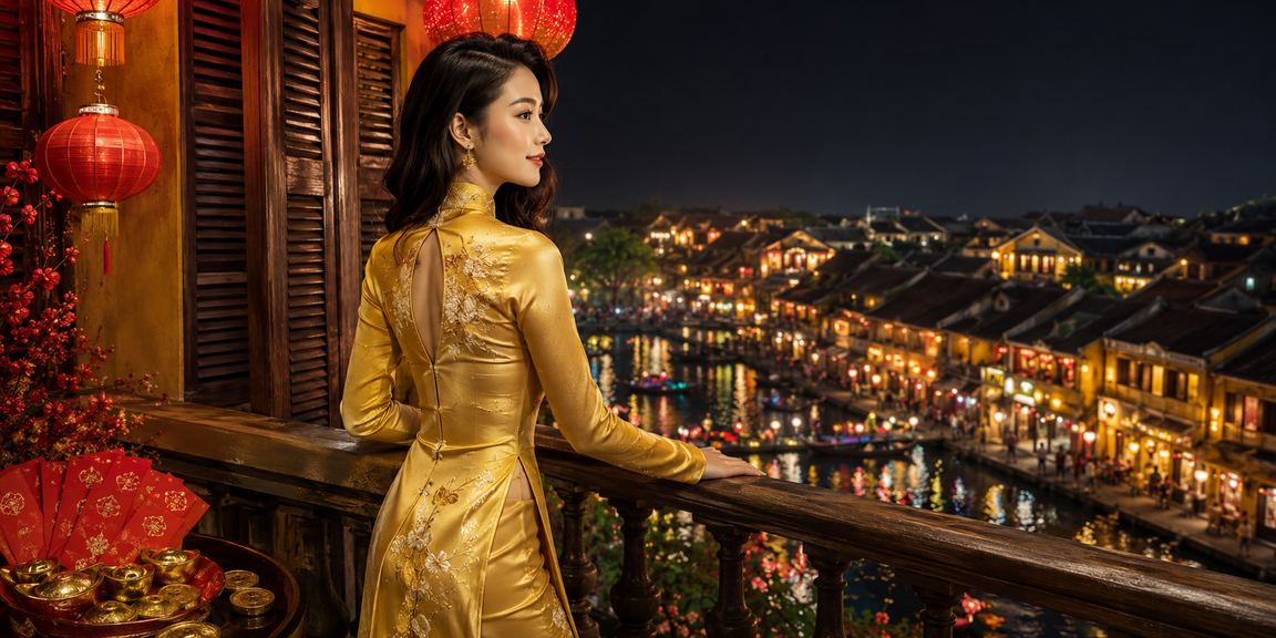 Không khí lễ hội Hội An với áo dài và phong bì đỏ may mắn, biểu tượng của ưu đãi và may mắn trong game casino 687