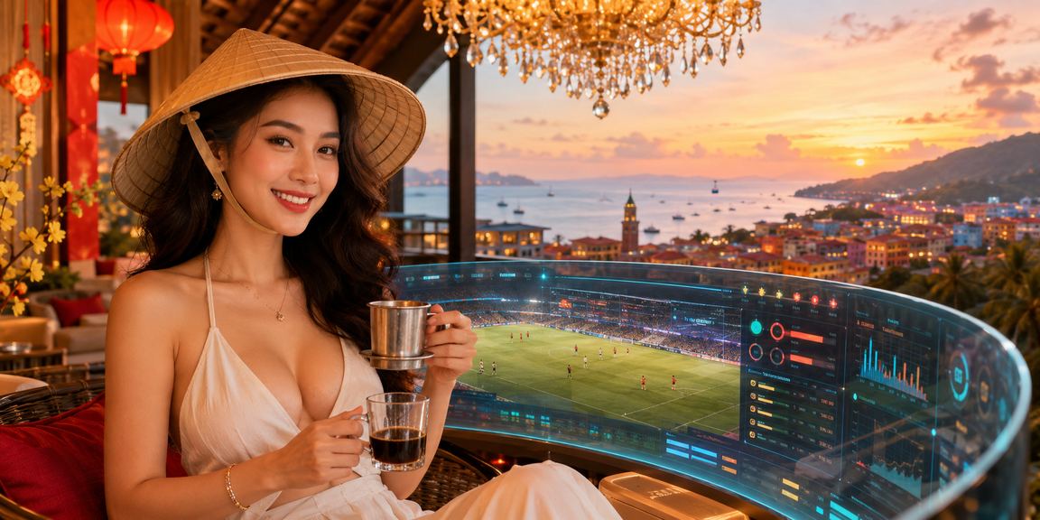 Người dùng tại Phú Quốc thực hiện giao dịch tài chính trên nền tảng 687 với hình ảnh nón lá truyền thống Việt Nam