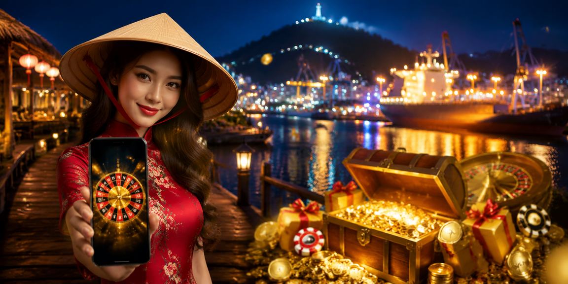 Cảnh chơi roulette tại Vũng Tàu với hình ảnh nón lá truyền thống Việt Nam trong không gian casino hiện đại